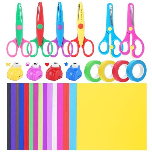 UCEC 44 Pack Scrapbook Supplies Kit, Craft Scissors Decorative Edge, Safety Scissors, Hole Punch Shapes Craft, Cardstock Paper, Washi Tapes for DIY Art, Crafts, Scrapbook, Card Making, School Supplies