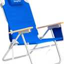 SUNNYFEEL Tall Beach Chair, Reclining Beach Chair with 5-Position, Portable Camping Chair for Adults with Wood Armrest, Lightweight Camping Chair 300 lbs Heavy Duty, Blue, Medium back