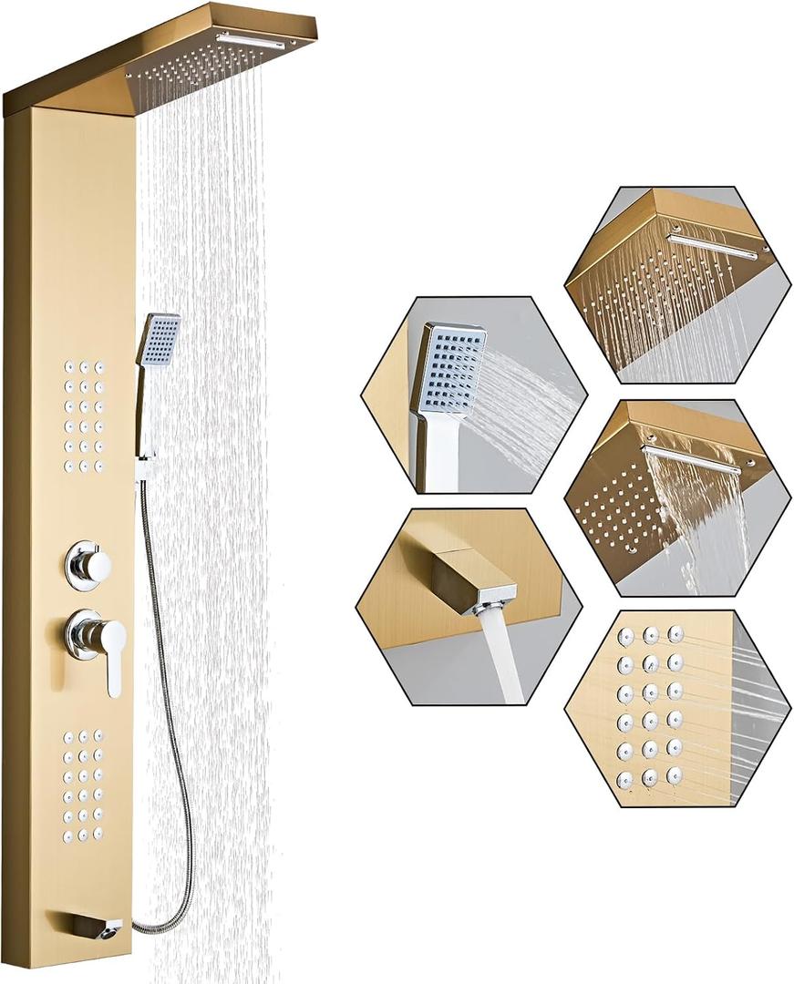Shower Panel Tower System 5-in-1 Shower Panel Tower with Powerful Body Massage, Rainfall, Waterfall,Handheld and Tub Spout, Stainless Steel Shower Column - Brushed Gold