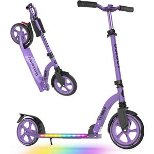 BELEEV V8 Scooters for Kids Ages 6+ with Light-Up Deck, 2 Wheel Folding Scooter for Adults Teens, 4 Adjustable Height, Lightweight Sport Commuter Scooter, Sturdy Frame, Max Load 220 lbs (Purple)