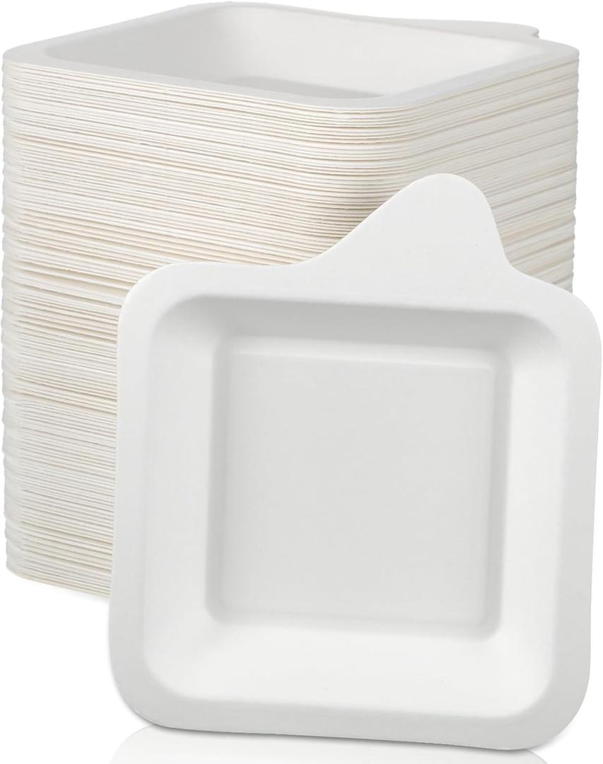 Remerry 100 Pcs Small 4 Inch Paper Plates Bulk Disposable Plates Paperse Fiber Wedding White Square Dessert Cake Party Snack Sugarcane Bagas Birthday Dinner Graduation Pet Feeding (4.41 x 5.24 Inch)
