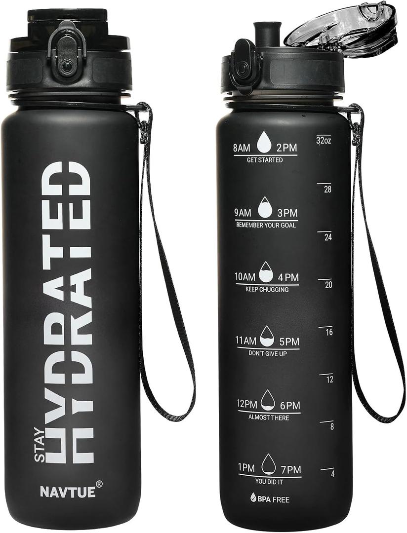 Water Bottle, 32 oz Sports Water Bottles with Time Marker Wide Mouth, Motivational and Leakproof Drink Bottle, BPA Free Tritan with Carry Strap for Gym Fitness Outdoor(Direct Drink) (Grey&Black)