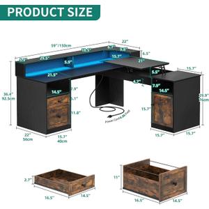 DWVO L Shaped Desk with Drawers, 60" Corner Computer Desk with Power Outlets & Lift Top, Home Office Desk with Storage Cabinet & LED Lights, Height Adjustable Desk, Black & Brown, 59" x 59" x 36.4"