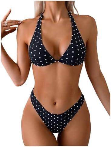 WDIRARA Women's Polka Dots Bikini Set Swimsuit 2 Piece Bathing Suit | Halter Triangle, Small