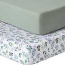 Pack and Play Sheets Fitted, 2 Pack Pack n Play Sheets for Graco Pack n Play Mattress, Unisex Playard Sheets for Boys Girls(Leaf & Green, 38 X 26 Inch)