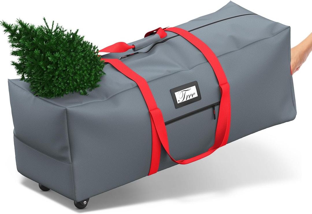 Mrrihand Christmas Tree Storage Bag, Large Artificial Anti-Tear Heavy-Duty 600D Oxford Cloth Xmax Christmas Tree Storage Box with Rolling Wheels, Christmas Tree Storage Container (Grey&Red, 9Ft)