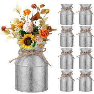 Galvanized Metal Flower Vase Set of 8-5.12 Inch Farmhouse Rustic Milk Can Jug Vase with Twine Bow, Floral Buckets for Wedding Table Centerpiece, Home Dining Room Decor (Rustic, 8)