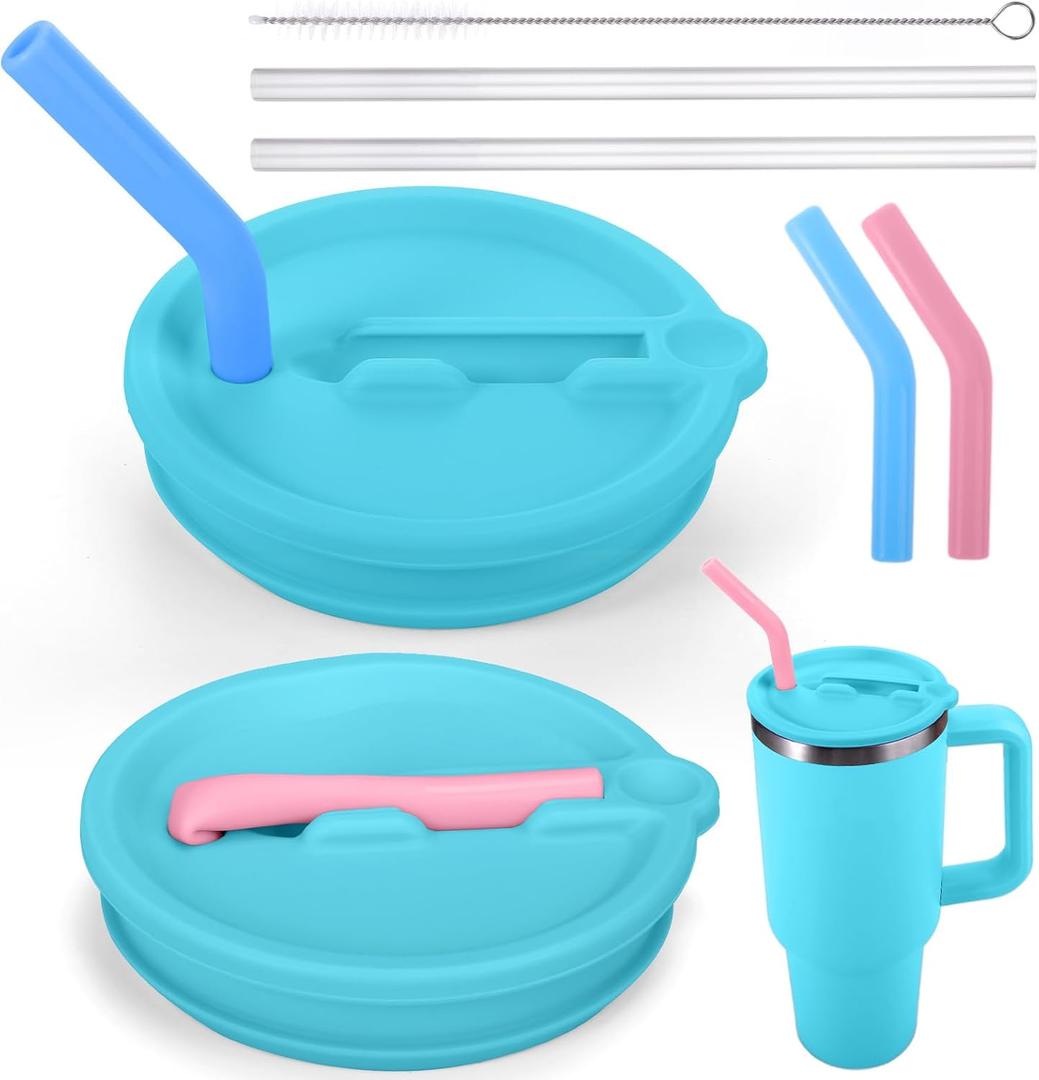 Mity rain 2PCS Silicone Tumbler Flip Straw Lid for Stanley Cup 40OZ, Spill Proof Lid Compatible with Stanley Quencher Flip Straw Lids for Replacement (Blue)