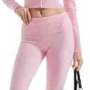 SUUKSESS Women 2 Piece Knit Sets Cropped Zip Up Hoodie Foldover Flare Leg Pants, M