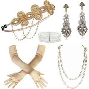 BABEYOND 1920s Flapper Accessories Gatsby Costume Accessories Set 20s Flapper Headband Pearl Necklace Gloves Plastic Holder (Gold)
