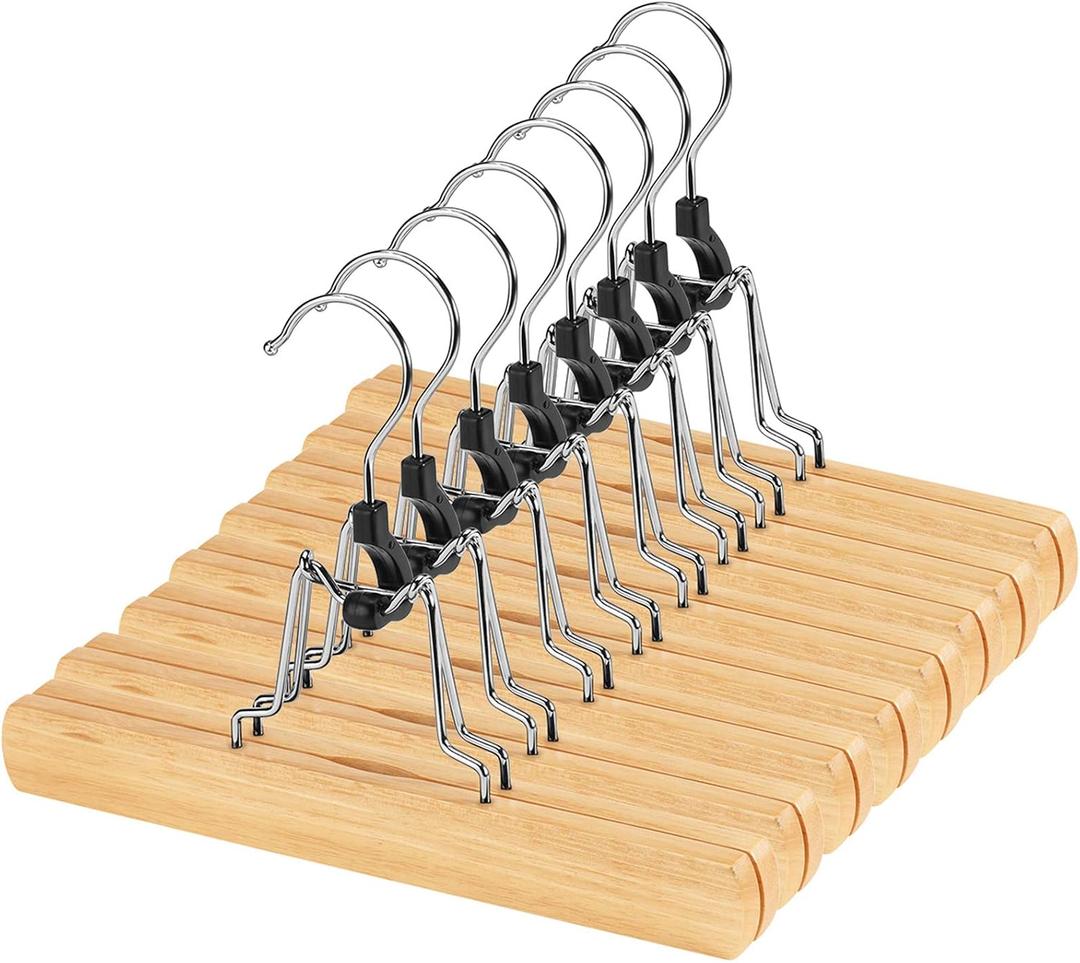 AMKUFO 12 Pack Natural Wooden Pants Hangers with Clips Non Slip Skirt Hangers Trouser Clamp Hanger Solid Wood Hanger with 360 Swivel Hook