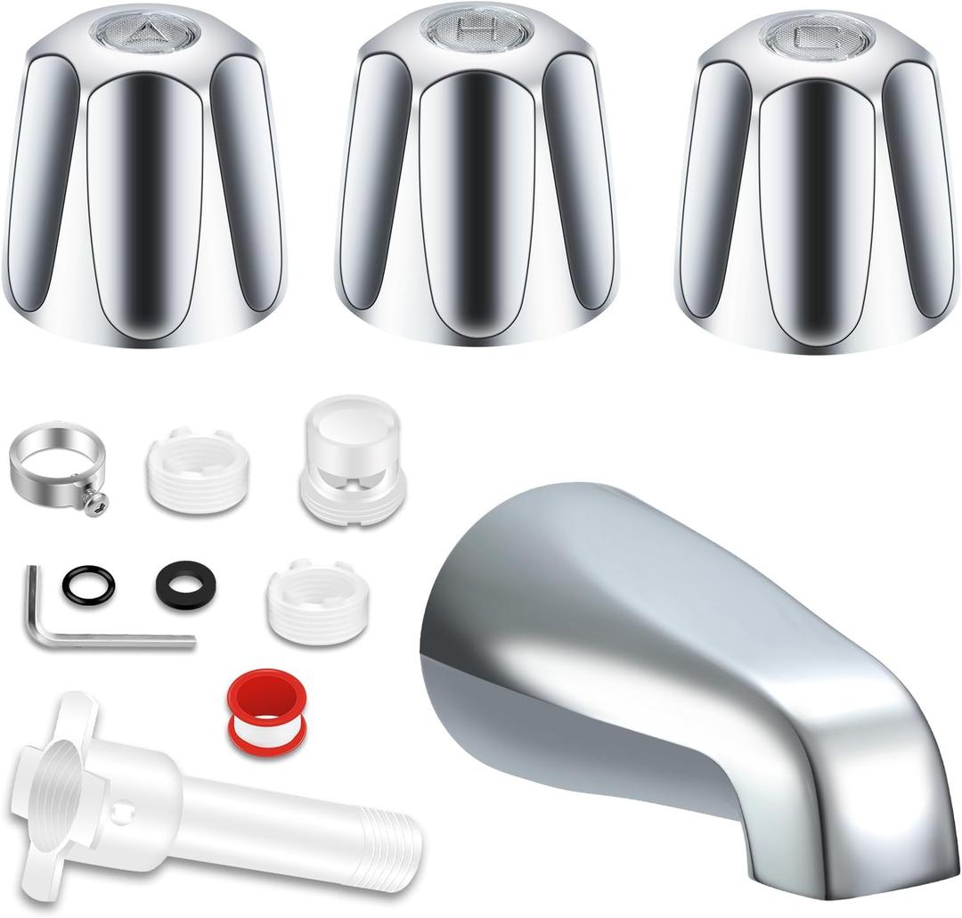 Tub Shower Trim Set, Shower Knobs 3 Piece and Bath Tub Spout, with Four in One Tub Spout Adapter for Pfister Tub Shower Faucet Handle, and for 1/2'', 3/4'' IPS Inside Thread (Chrome)