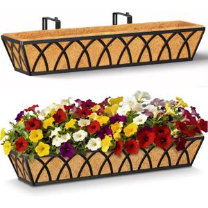 30 Inch 2 Pack Railing Planter with Adjustable Brackets, Window Box with Coco Liner, Hanging Metal Flower Box for Balcony Deck Fence Porch, Black