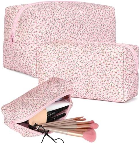 Pack of 2, Aintmax 3 PCS Quilted Makeup Bag, Cute Floral Cotton Coquette Cosmetic Bag, Large Travel Toiletry Bag Makeup Brushes Storage Organizer for Women-Pink Floral