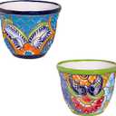 Evergreen 7 inch Talavera Mexican Pottery Ceramic Green Detailed Baul, Set of 2, Flower Pot Plant Succulent, Indoor Outdoor