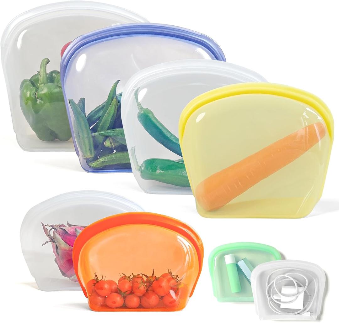 KVK Platinum Silicone Reusable food storage Bags Multipack - 8 Pcs clear freezer storage containers, Double Lock Seal Leakproof reusable snack bags- Oven Dishwasher Freezer Safe - Mix Color