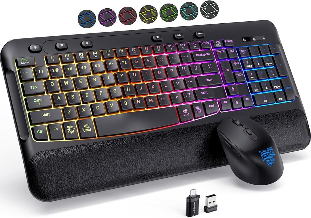 Wireless Keyboard and Mouse Combo, Ergonomic Wave, 9 RGB Backlit Effects, Leather Wrist Rest, Rechargeable 2.4G Silent Set for Computer/Windows/Mac, Black