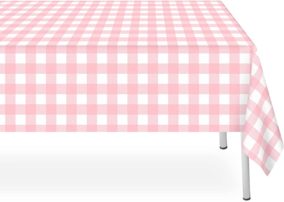 2 Pack Pink and White Checkered Tablecloth, Pink Plastic Table Cloths for Parties Disposable, 54x108 in Waterproof Rectangular Pink Gingham Camping Tablecloth for Birthday, Party, Baby Shower
