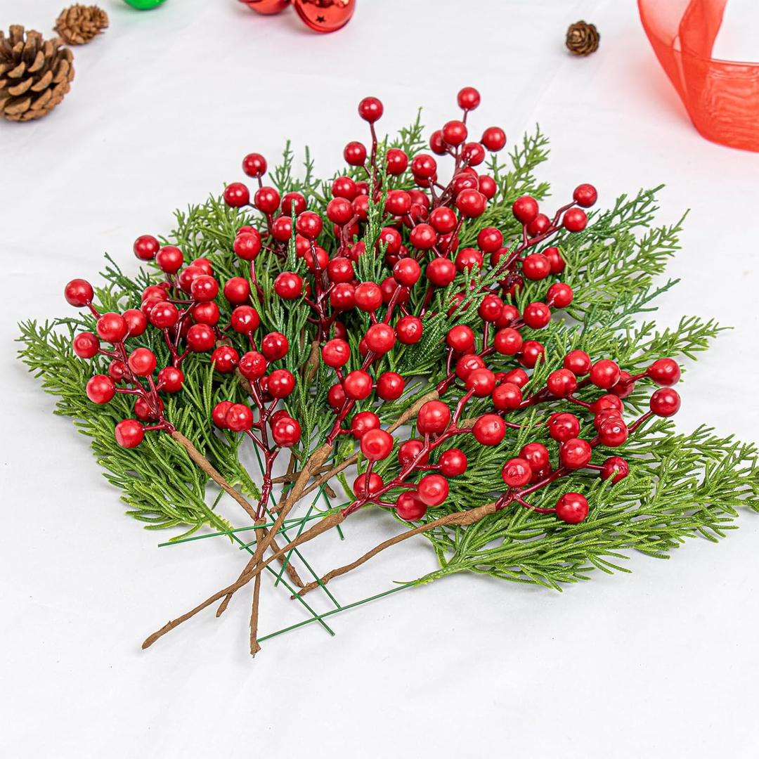 24 PCs Christmas Picks Winter Christmas Tree Stems 9.5 Inches Evergreen Pine Needle Branches 6.5 Inches Red Berry Picks for Craft Floral Arrangements Gift Wrapping Tree Decorations