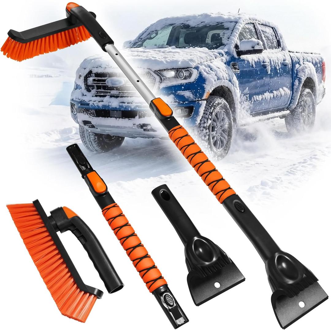 2-in-1 Upgrade 44" Extendable & Removable Snow Brush with Ice Scraper for Car Windshield, 360 Pivoting Brush Head, EVA Foam Grip for SUV, Trucks, Auto (Black-Orange)
