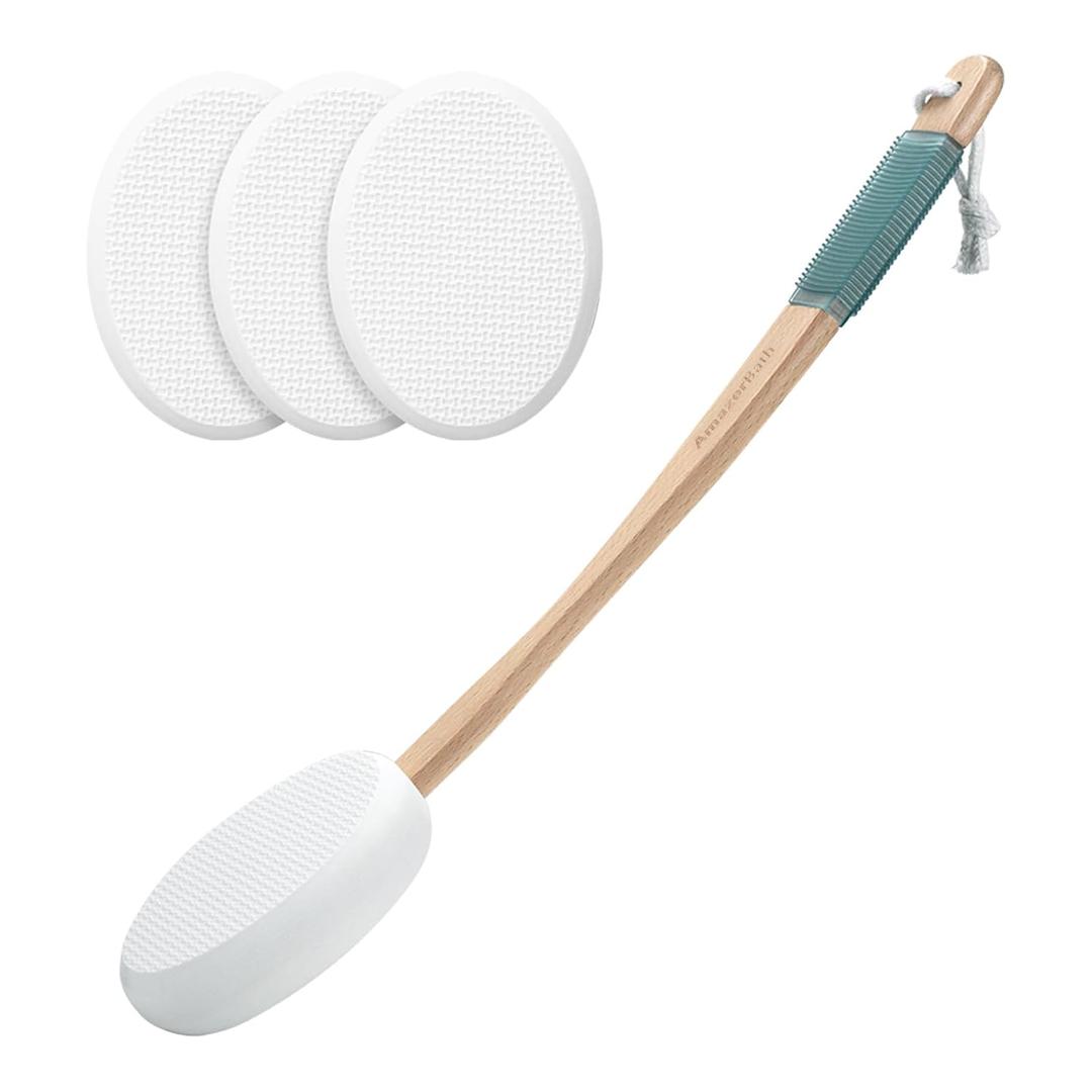 AmazerBath Lotion Applicator for Back, Feet, 4 Replacement Pads with 17" Curved Handle, Back Sunscreen Applicator for Kids, Elderly, Women, Apply Skin Cream Medicine Moisturizer Tanner, White