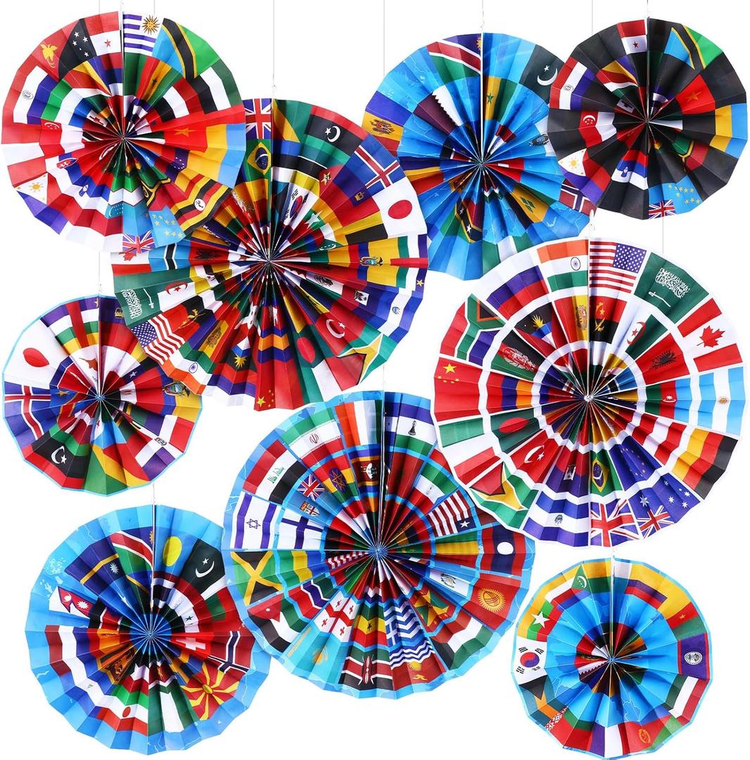Outus 9 Pcs International World Flags Classroom Decorations Around The World Hanging Paper Fans Country Flags International Decor Party Banner Garland for Office Classroom Decor