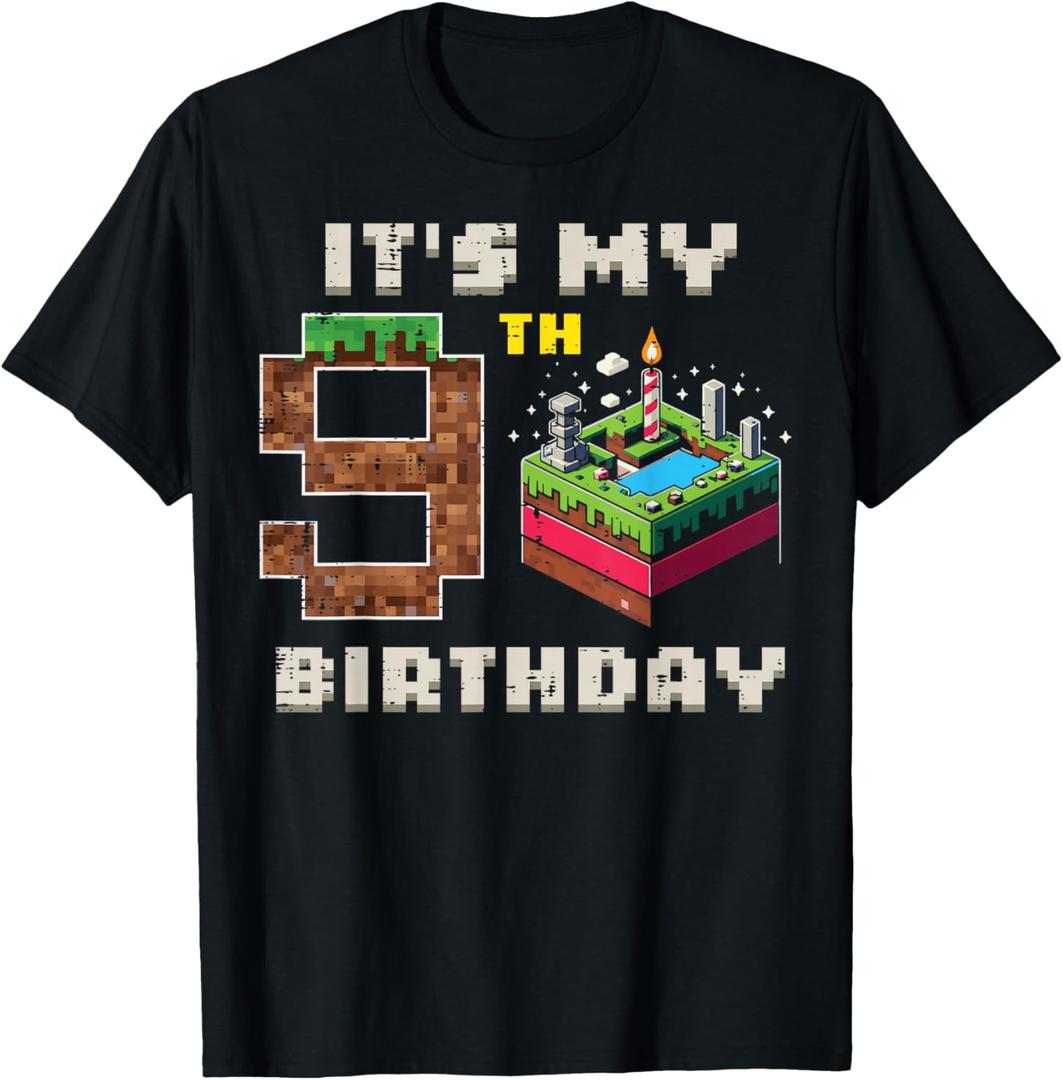 My 9th Birthday Pixel Game 9 Cake Video Gamer Boys Kid Youth T-Shirt, Black, Small Youth