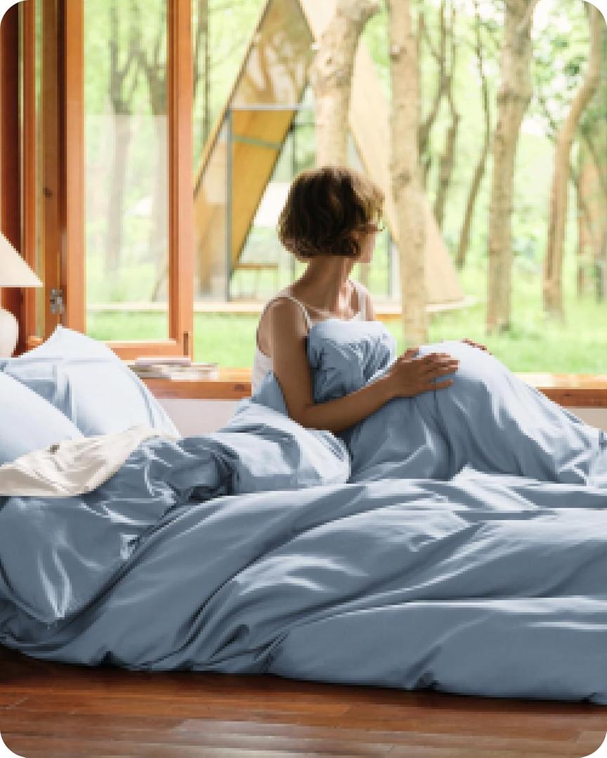 Bedsure Cooling Duvet Cover Queen Size, Cotton & Viscose Derived from Bamboo Duvet Cover Set, PureWoven Ultra-Soft, Breathable & Lightweight Home Bedding for All Seasons (Light Blue,90"x90")