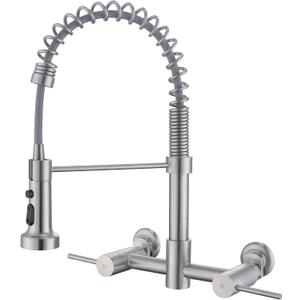 Wall Mount Kitchen Faucet, 8 Inch Center Wall Mount Kitchen Sink Faucet with Pull Down Sprayer Commercial, Brushed Nickel