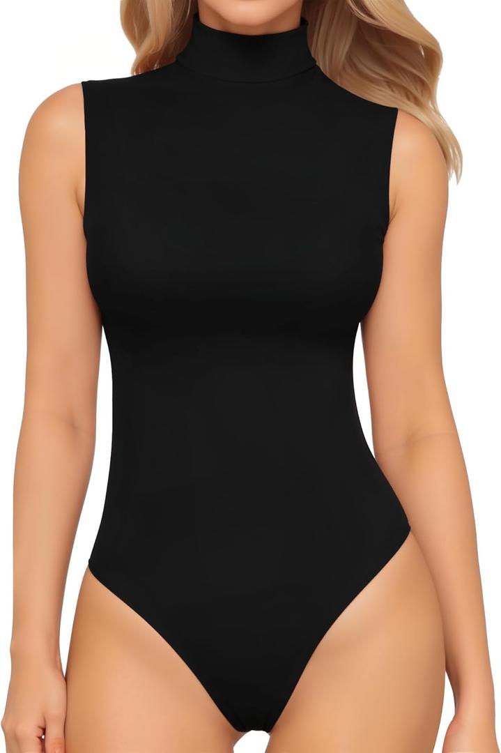 MANGOPOP Women's Mock Turtle Neck Sleeveless Long Sleeve Tops Bodysuit Jumpsuit (01 Black)