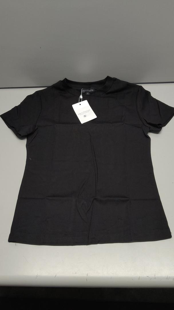 Prettywear Women Cotton Blend T Shirts Crew Neck Short Sleeve Basic Fitted Crop Tops Summer Trendy Cute Tee Black, S