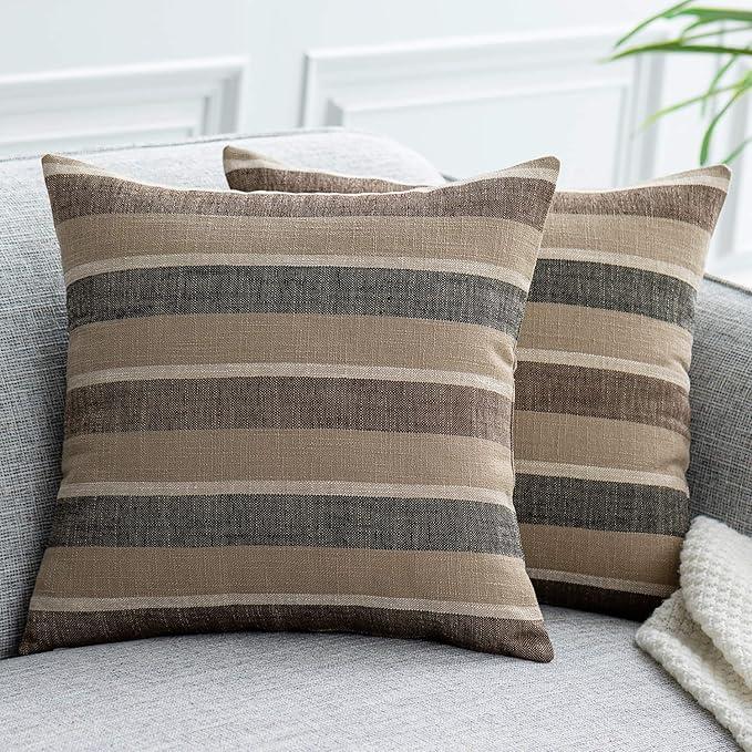 2 Pieces Decorative Classic Retro Stripe Throw Pillow Cover Wite Hidden Zipper Soft Linen Modern Farmhouse Cushion Case for Sofa Bedroom Car 20 x 20 Inch Black Brown Mixed