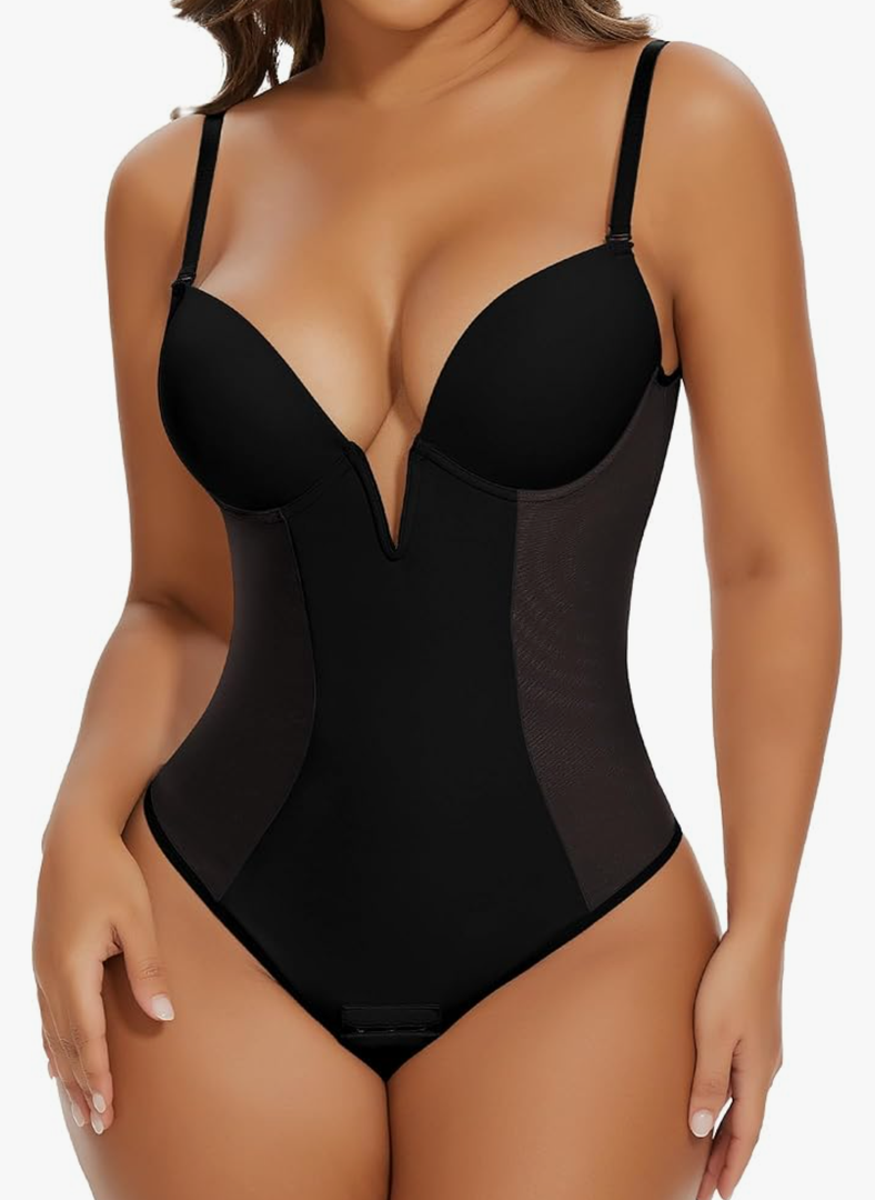 SHAPERIN Women's Deep V Neck Backless Body Shaper Bra Faja Plunge Low Back Thong Shapewear Tummy Control Bodysuit Size L