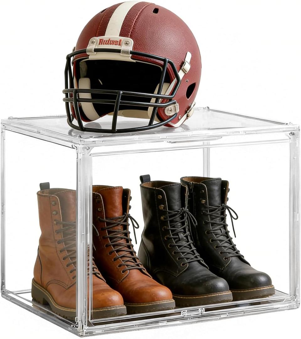 Extra Large 17.7" x 13" x 13" Clear Stackable Storage Bins, Magnetic LidThick Acrylic Display Case with Magnetic Door Keeps Handbags Boots Motorcycle Helmet Collectibles Dustproof and Organized