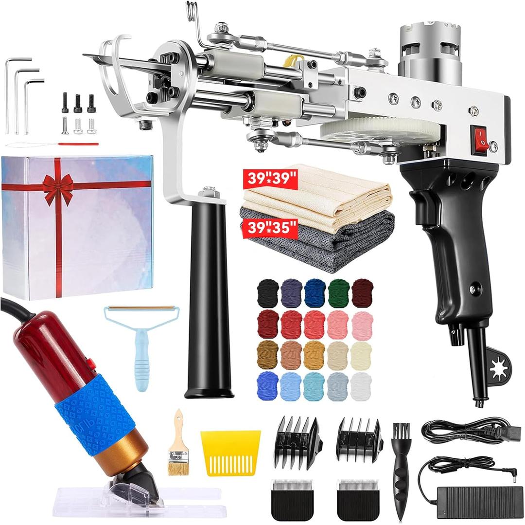 BESGEER Rug Tufting Gun with Carpet Trimmer Kit - Tuft Gun with Tufting-Shears, 2 in 1 Cut Loop Pile Carpet Gun& Carving Clippers, Rug Maker Machine Starter Kit& Trimmer& Cloth& YarnOlive Black