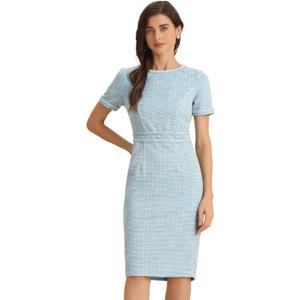 Allegra K Tweed Dress for Women's Crew Neck Wear to Work Office Bodycon Pencil Midi Dress (Blue, XS)