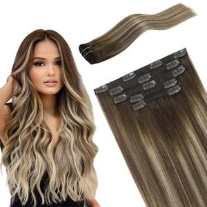 Lace Clip In Extensions Real Human Hair Balayage Walnut Brown to Ash Brown Mix Light Blonde Ombre Remy Hair Exteions 5 Pcs Double Weft Clip on Hair Extensions 12Inch 80g (T3/8/22)