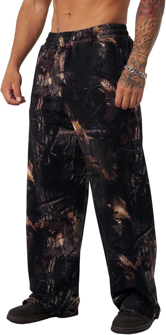 DIOTSR Mens Baggy Pants Athletic Graphic Print Joggers Workout Streetwear Sweatpants with Pockets (Black Tree Camo,X-Large) (Black, XL)