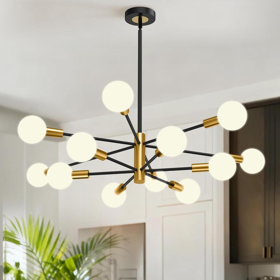 Modern Chandelier, 12-Light Sputnik Ceiling Light Fixture, Mid Century Height Adjustable Sputnik Chandeliers for Dining Room, Kitchen Island, Living Room, Bedroom - Black and Gold
