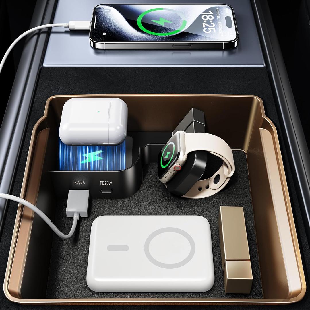 Tesla USB Hub Charger & Center Console Organize for Model 3 Highland 2024-2025 & New Model Y Juniper, 4-Port Docking Station for Phone/Headphones/Watch/Tablet Charging Storage Accessories
