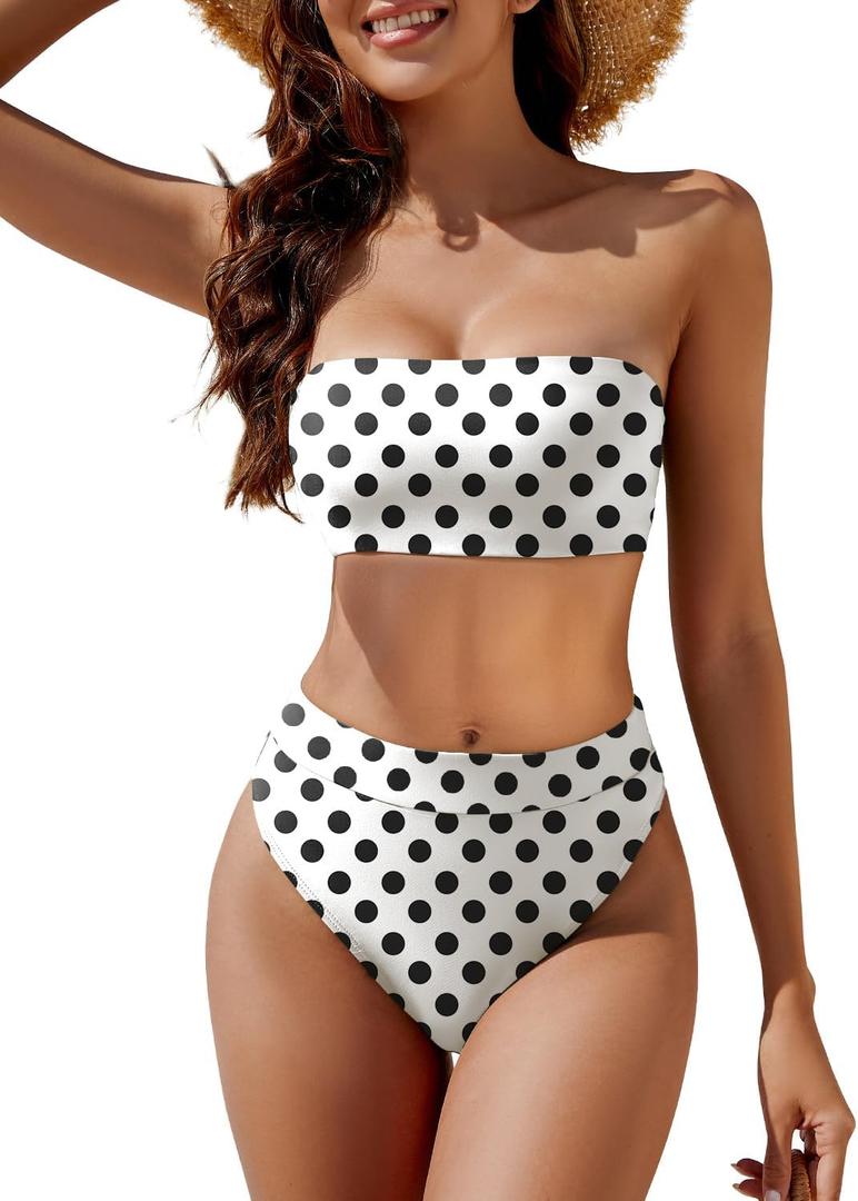 YACUN Women's High Waisted Bikini Swimsuit Two Piece Strapless Bandeau Cheeky Bathing Suits (X-Large)