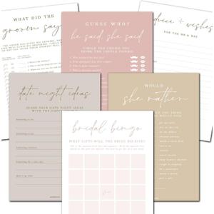 Bridal Shower Games Set for 25 Guests, 6 Fun Games, Double-Sided Card, Boho