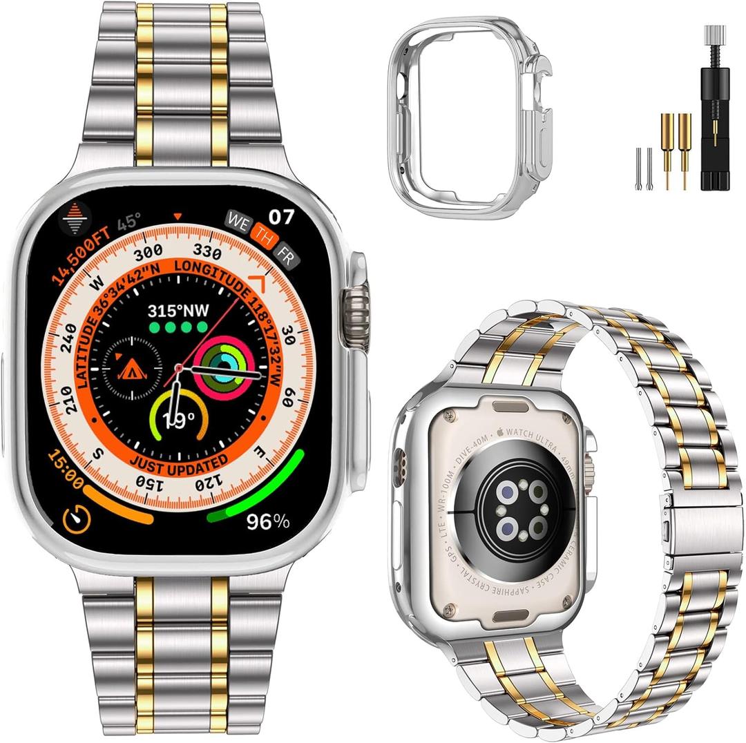 MioHHR Solid Stainless Steel Band Compatible with Apple Watch 49mm Ultra 3/2/1, Metal Strap with Soft TPU Case for iWatch Series Ultra 3/2/1 49mm Women and Men, Silver/Gold