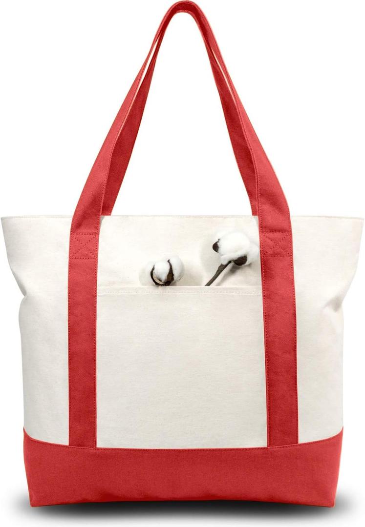 TOPDesign 1-Pack Canvas Tote Bag with an External Pocket, Reusable Grocery Shopping Bag, Top Zipper Closure, Daily Essentials (Red/Natural)