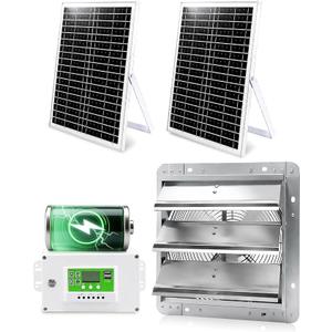 12" High Speed Solar Exhaust Fan for Greenhouse Equipped with Two 30W Solar Panel, with Battery and Smart Charging System. Applicable to Garages, Sheds, Attics, Storage Rooms, RVs