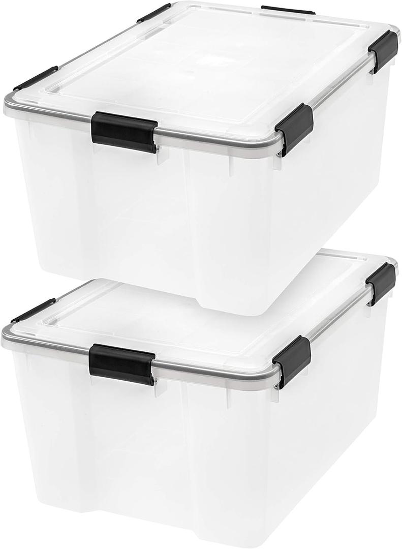IRIS USA WeatherPro 63 Qt Storage Bins with Lids, 2 Pack, BPA-Free Plastic Gasket Box with Tight Latch and Seal, Stackable Nestable Tote Tub - Clear/Black (63 Qt. - 2 Pack)