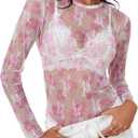 AKEWEI Womens Mesh Long Sleeve Tops Crew Neck Sexy See Through Tee Shirts Party Club Night Lace Blouse Small
