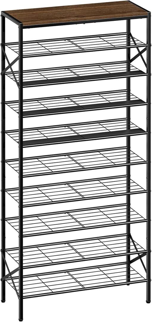 10-Tier Tall Shoe Rack Organizer Shoe Storage for Entryway 30-40 Pairs Metal Shoe Rack for Closet Heavy-Duty Shoe Shelf with Wooden Top Shelf for Garage Rustic Brown