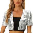 Allegra K Sequin Cardigan for Women's Puff Sleeve Open Front Jacket Sparkly Glitter Cropped Shrug Bolero (X-Large)