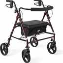 Medline Large Steel Bariatric Rollator Walker with Adjustable Handles, Padded Seat & Backrest, Burgundy, 500 lb. Weight Capacity, Foldable, Under Seat Storage, 8" Wheels, For Seniors & Adults
